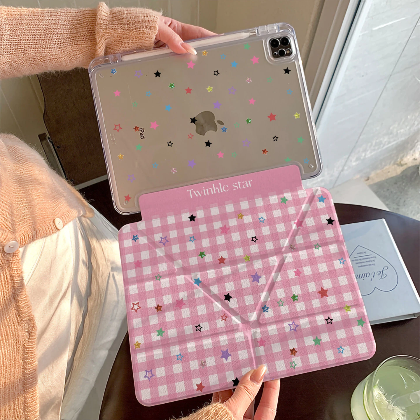 Cute Pink Plaid Colorful Star Y2K Tablet Case For iPad Pro 11 12.9 13 A16 M2 M4 M3 M5 5/6/7/8/9/10/11th Mini Air 3 4 5 Cover