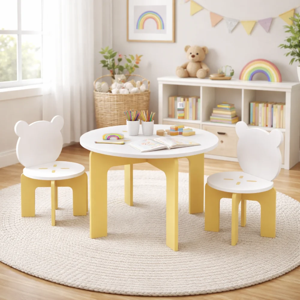 Orraves Kids Table and Chair Set, 3-Piece Toddler Table with 2 Chairs, Cute Bear-Back Chairs, Sturdy Wooden Activity Table Set for Kids, Playroom, Bedroom, Preschool