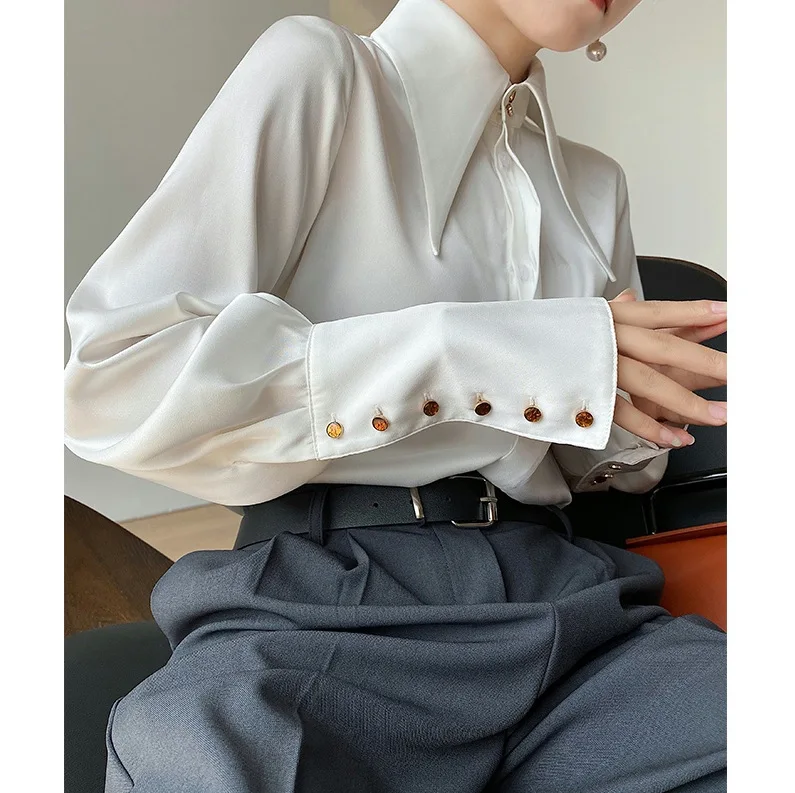 Satin White Shirt with Large Collar Women's Spring Autumn New Senior Drape Top Design Sense Pointy Collar Shirt