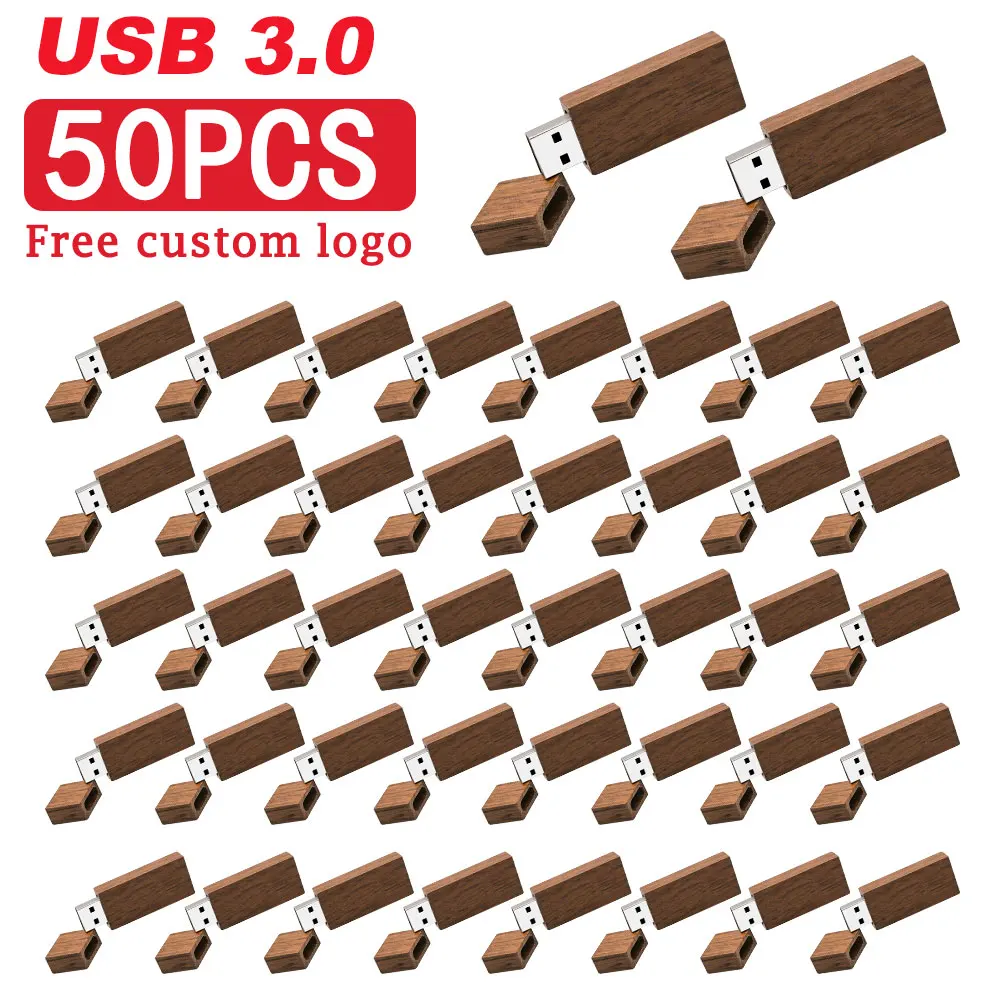 50PCS Wooden USB 3.0 Flash Drive 128GB Free Custom Logo Memory Stick 64GB Creative Gift Box Pendrive 32GB Real Capacity U Disk