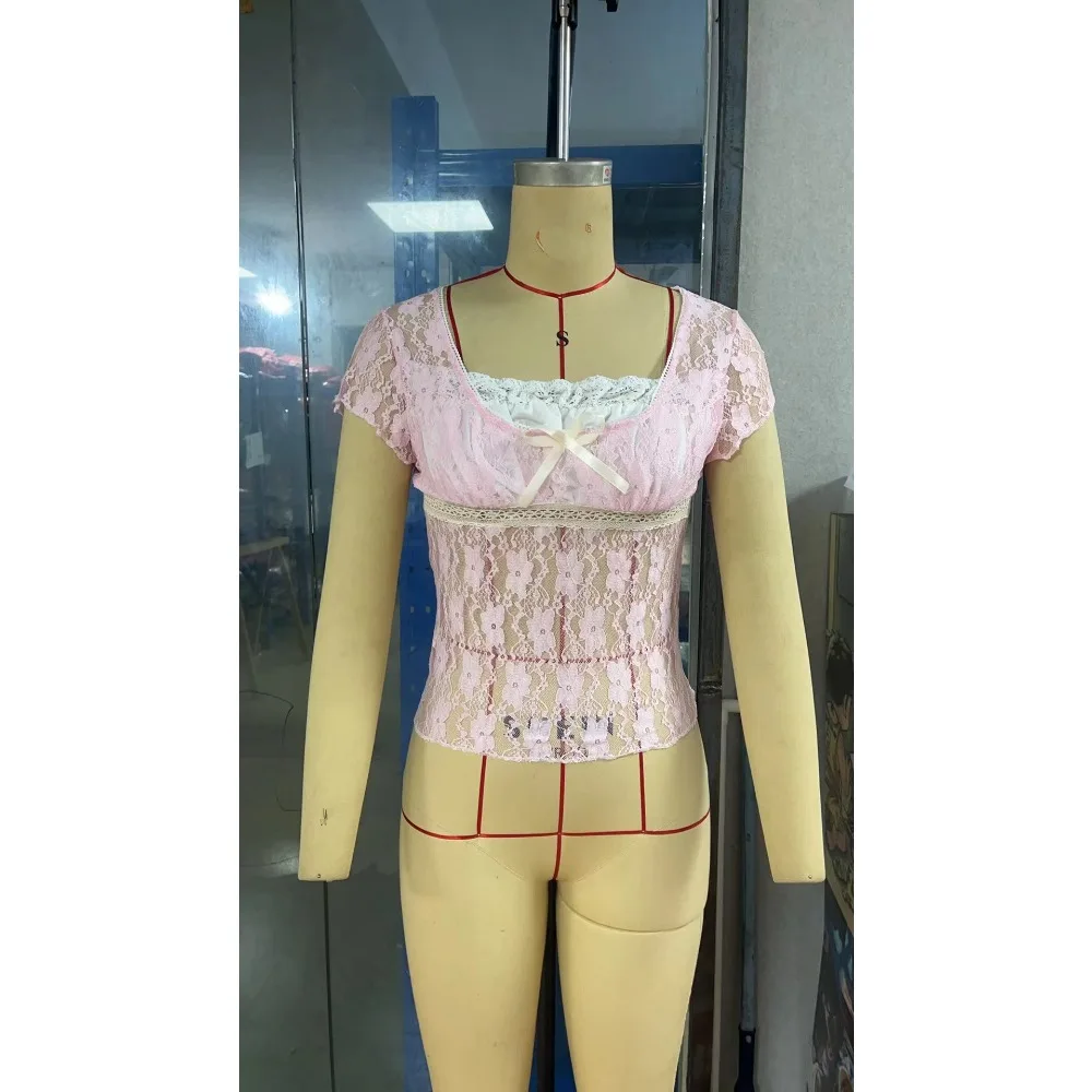 2025 New Retro Lace Tops Women Y2k Gothic Sweety Shirts Short Sleeve Lace Square Neck Crop Tops and Blouses Summer Tshirt
