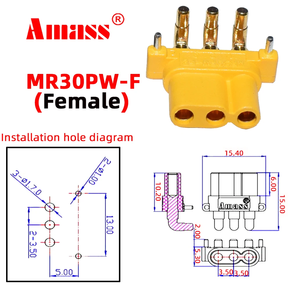 10PCS AMASS MR30PW MR-30 PCB 3-pin PCB Male Female 2mm Bullet Connectors Plugs For RC Lipo Battery Multicopter Airplane Car Toys