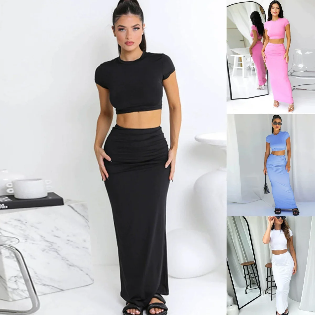 

Women's Short Crop Top T-shirts High Waist Cross-Border Spring Summer Clothing High Waist Halter Neck Line Bodycon Style
