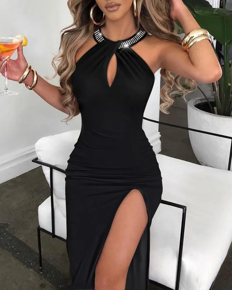 Diamond Studded Halter Neck Thigh-high split Slim Bodycon Long Dress Women Sleeveless Skinny Evening Maxi Dress Club Party