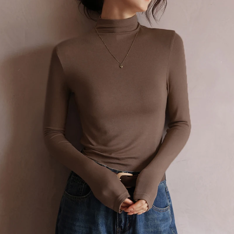 

Autumn Winter Half High Collar Solid Pullovers Women 2025 Soft Long Sleeve Sweater Woman Slim Fit Elastic Bottoming Shirt Ladies