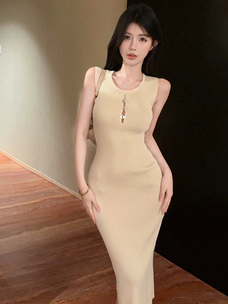 

Korean Sle Simple Color Hollow out round Ne Svel Knitted Wrap Dr mid Length Elastic Women's Dr