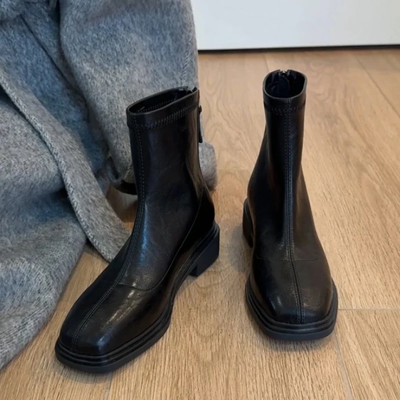 

Осень-зима, уютные женские ботильоны из мягкой кожи, модная обувь с квадратным носком, современные эластичные тонкие короткие ботинки Botas Para Mujer