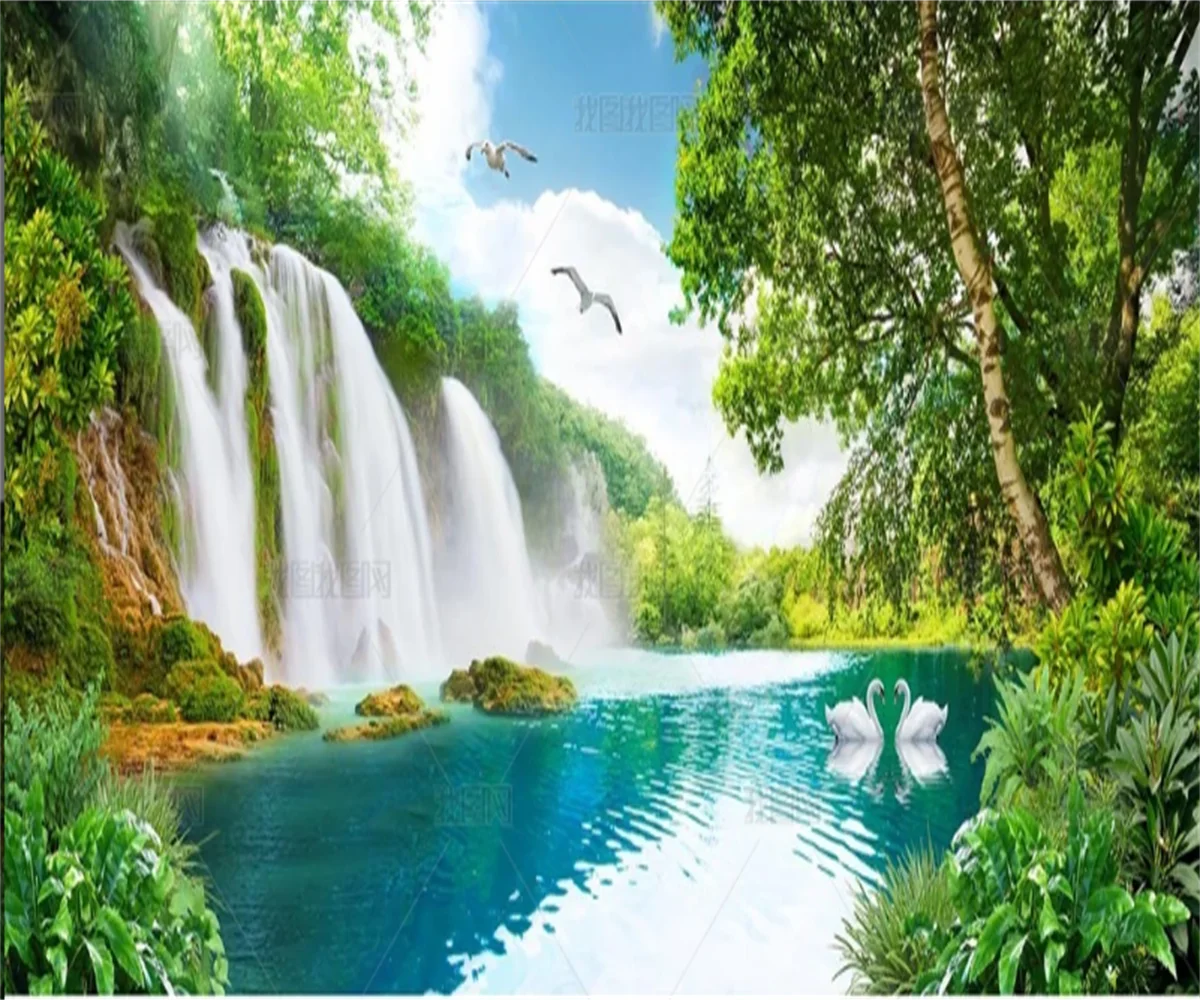 

обои по индивидуальному заказу для стен 3d красивый водопад фон трава озера голубое небо обои ресторан украшение дома Фреска