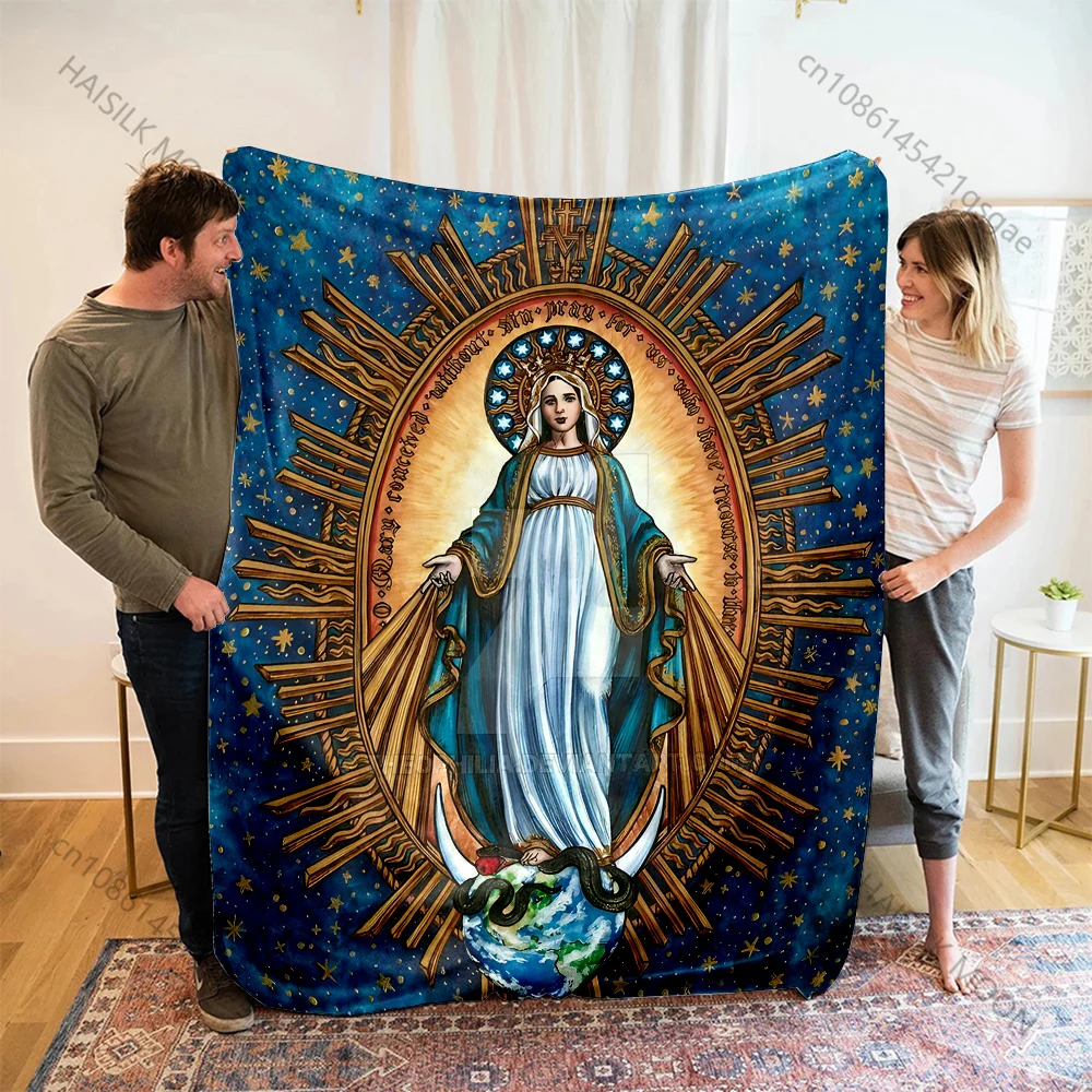 1PC Holy Mary with halo artwork Print Blanket Warm Soft Fluffy Kids and Adult Sofa Bed Throw Blanket Outdoor Travel Camping RV