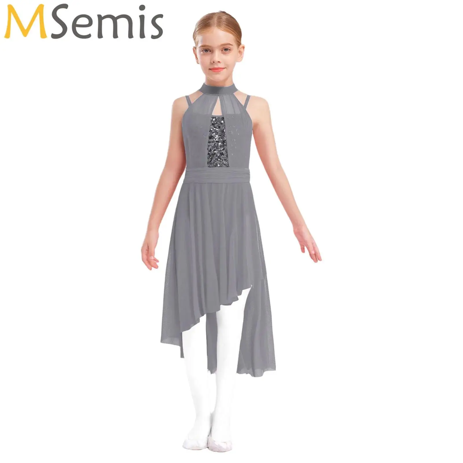 

Kids Girls Lyrical Dance Performance Costume Gymnastics Figure Skating Dance Dress Ballerina Tutu Asymmetrical Sheer Mesh Dress