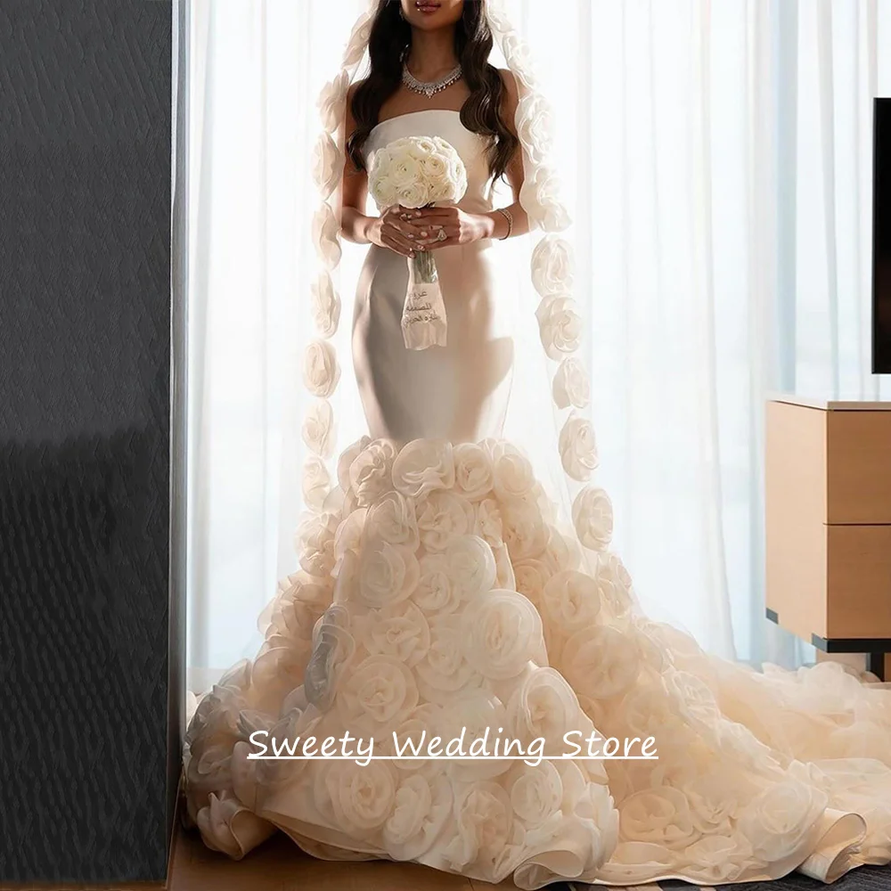 

Luxury Flowers Mermaid Wedding Dress Vestido De Noiva Customized Strapless Sleeveless Court Train Woman Bride Bridal Gown