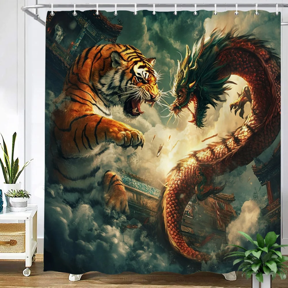 Oriental Myth Art Shower Curtain Polyester Waterproof Digital Printing Fierce Tiger And Chinese Dragon Confrontation In Cloudy