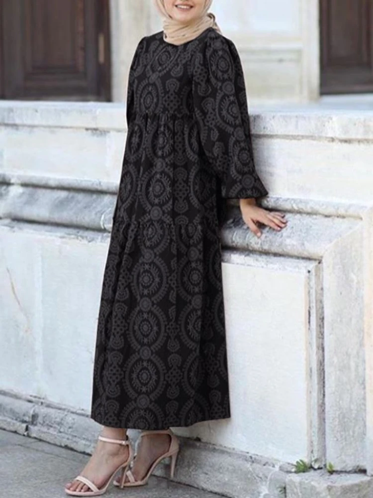 Autumn Morocco Muslim Dress Women Print Abaya Kaftans Casual Evening Dresses Woman Turkey Islam Long Dress Robe Femme Vestidos