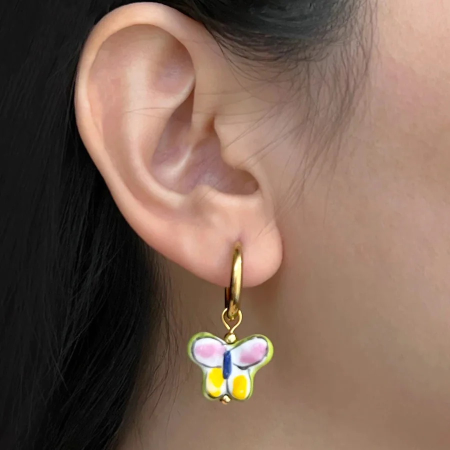 Fashion Blue and White Porcelain Asymmetric Drop Earrings Vintage Ceramic Round Stainless Steel Hoop Earring Exquisite Jewelry