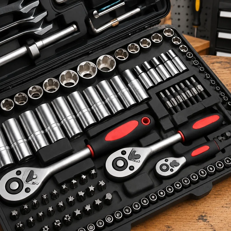 46-Piece Socket Set with Ratchet, Extensions, and Durable Carrying Case - Chrome Vanadium Steel for Auto and Home Repairs