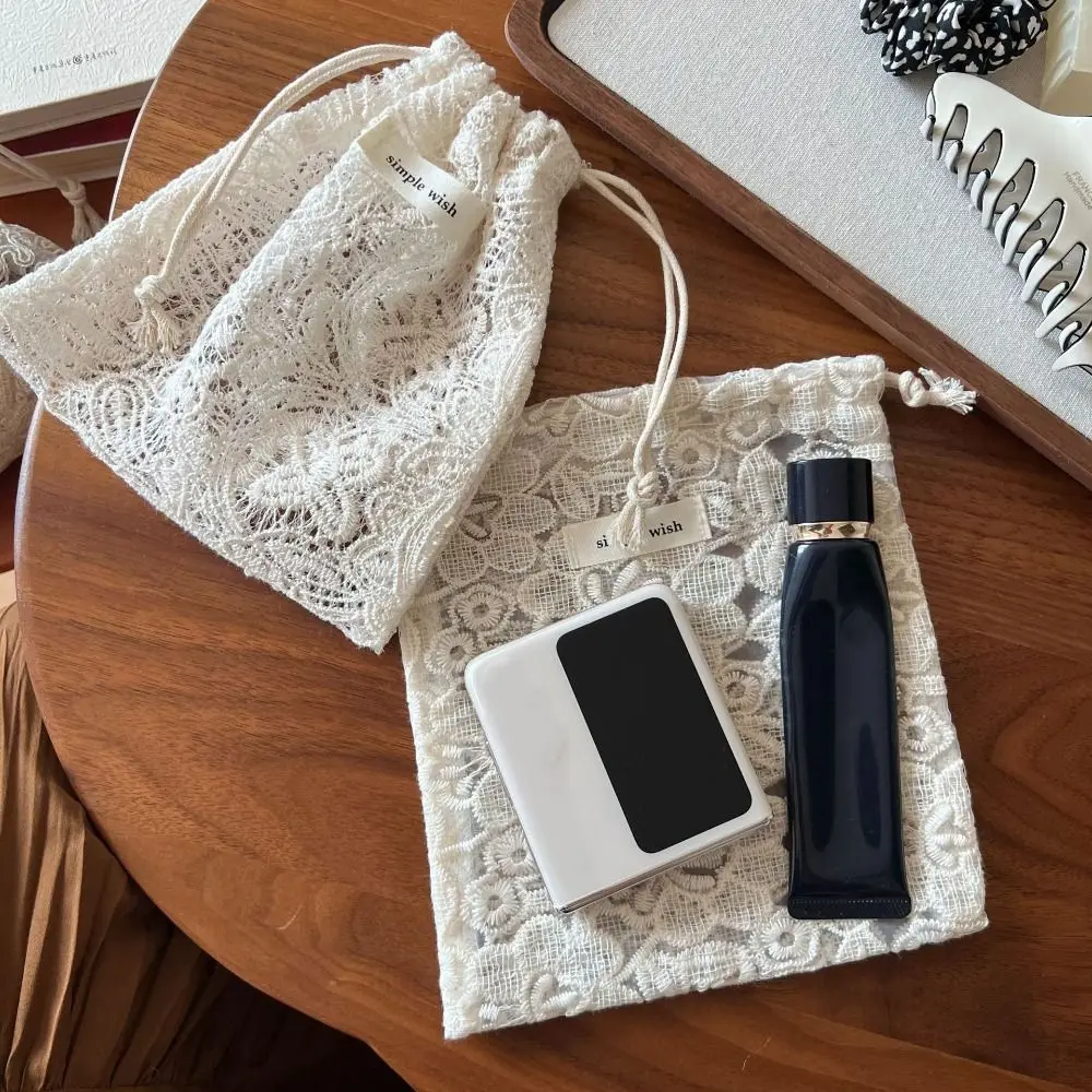 Portable Embroidery Flower Drawstring Pouch Retro Mesh Cute String Bags Reusable Hollow Out Small Makeup Bag Travel Essentials