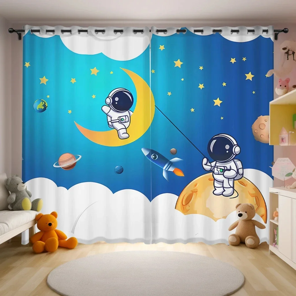 Custom Astronaut Children's Curtains Rocket Planet Print Curtains for Boys and Girls Bedroom Windows Grommet Top  Rod Pocket