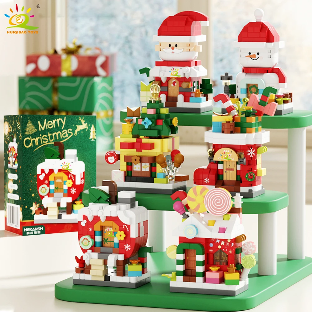 HUIQIBAO MOC Christmas Santa Claus House Building Blocks City Snow Man Candy Home Xmas Tree Brick Set Toy for Children Kids Gift