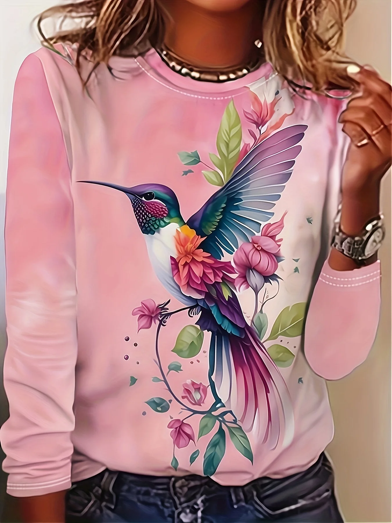 Women's Long Sleeve T-Shirt, Vibrant Hummingbird And Floral Print Design, All-Winter Holiday Style Top Suitable For Leisure And Sports Scenarios