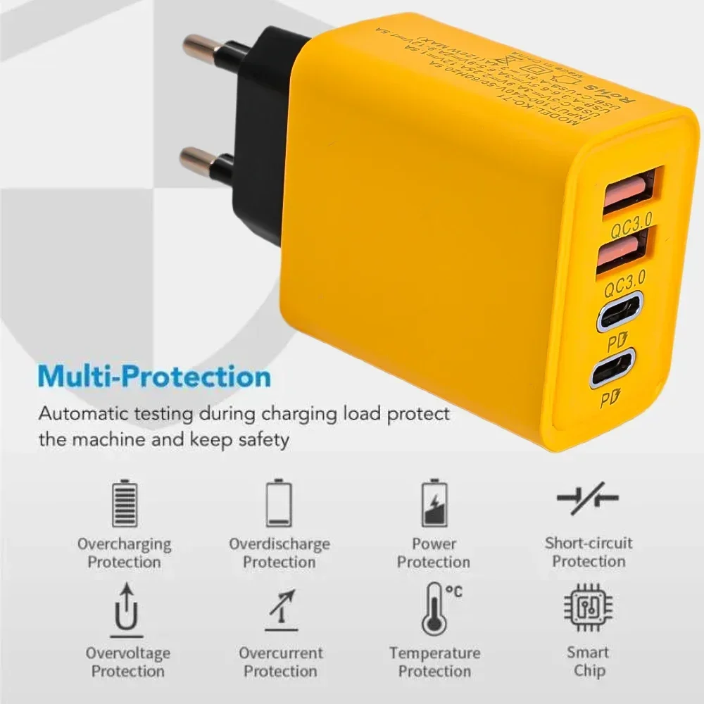 120W Fast Charging 4 Ports Mobile Phone Charger QC3.0 USB Type C Chargers Dual PD Wall Adapter EU/US/UK Plug for IPhone15 Xiaomi