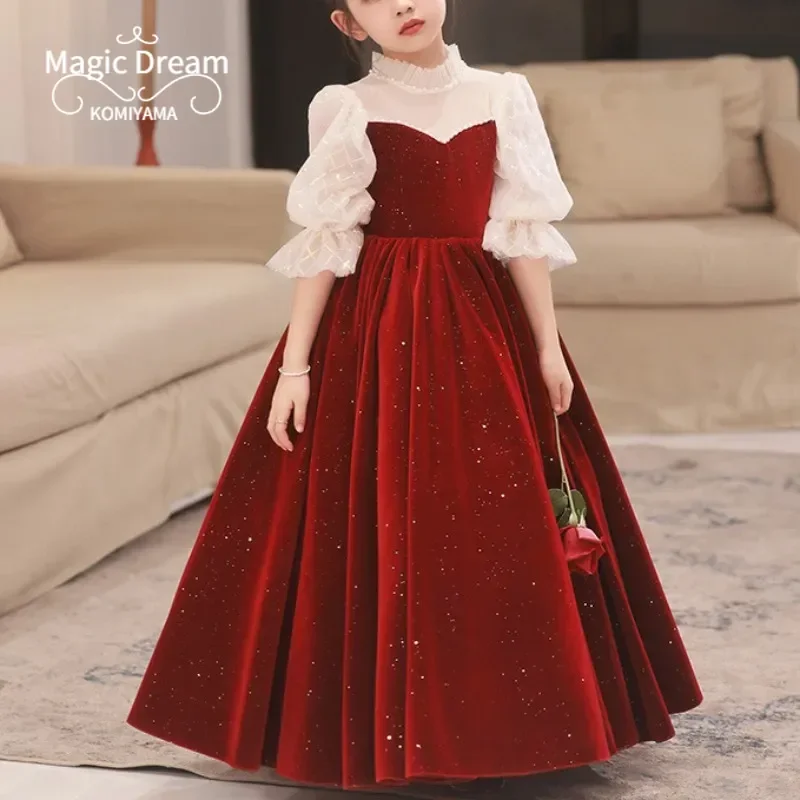 Customized Elegant Temperament Flower Girls Dress Spliced O-neck Full Sleeve Birthday Party Robe Slim Ball Gown Princess Sequin