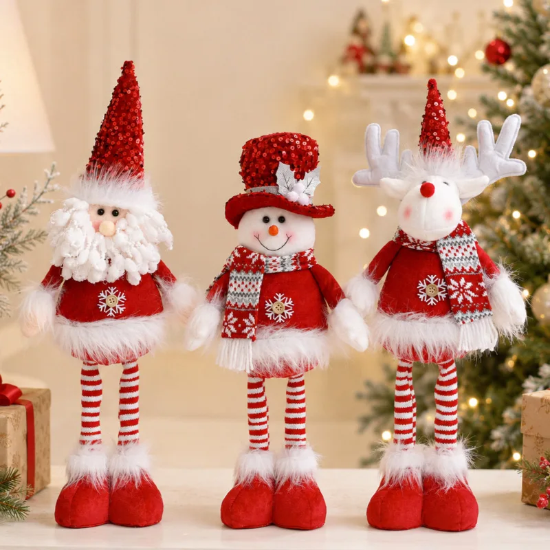 1PC Christmas Telescopic Santa Snowman Elk Tabletop Ornament, Red Sequined Hat Telescopic Festive Atmosphere Cabinet Decoration