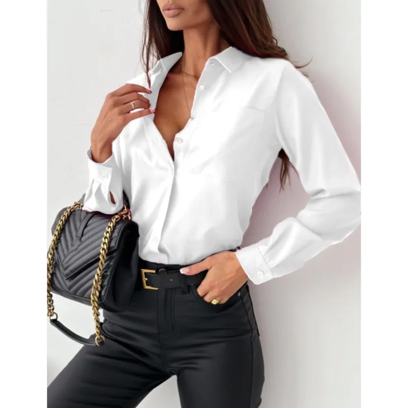 

2024 Women Elegant Solid Blouse Spring Autumn Casual Long Sleeve Button V-Neck Loose Shirt Fashion Commute Office Lady Shirt Top