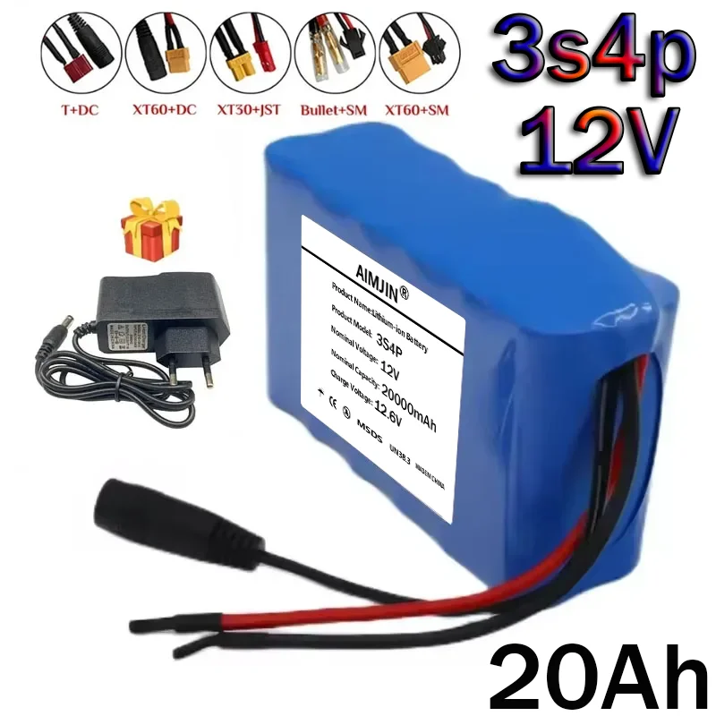 Lithium Ion 3s4p 12V 20Ah Battery Pack 18650 12V 20000mAh DC12.6V Super Large Capacity Rechargeable Battery with BMS + Charger