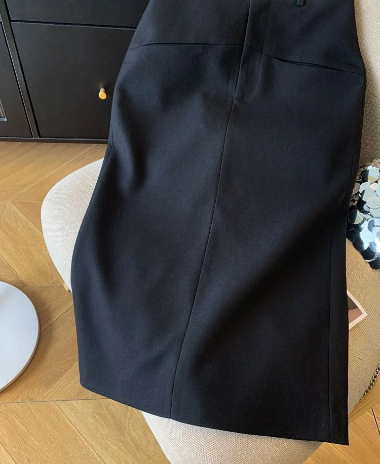 Women's High Waist Black Midi Skirt, Contrast Waistband Bandage Bodycon Pencil Skirt, Elegant Office Work Skirt