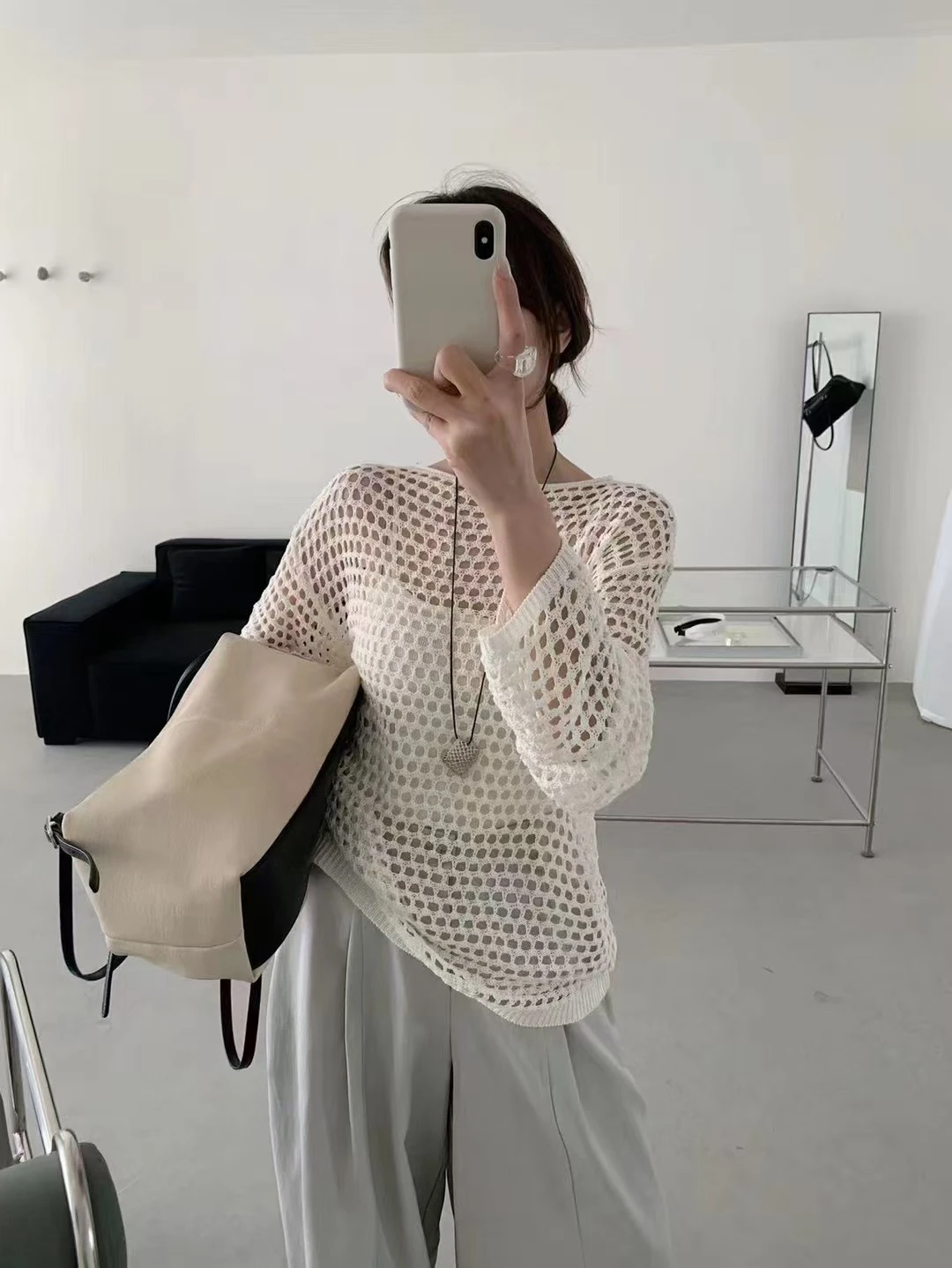 

Вязаный топ Kumikumi Design с длинными рукавами, белый, повседневный, универсальный, женский, модный, летний, дышащий, ажурный трикотаж