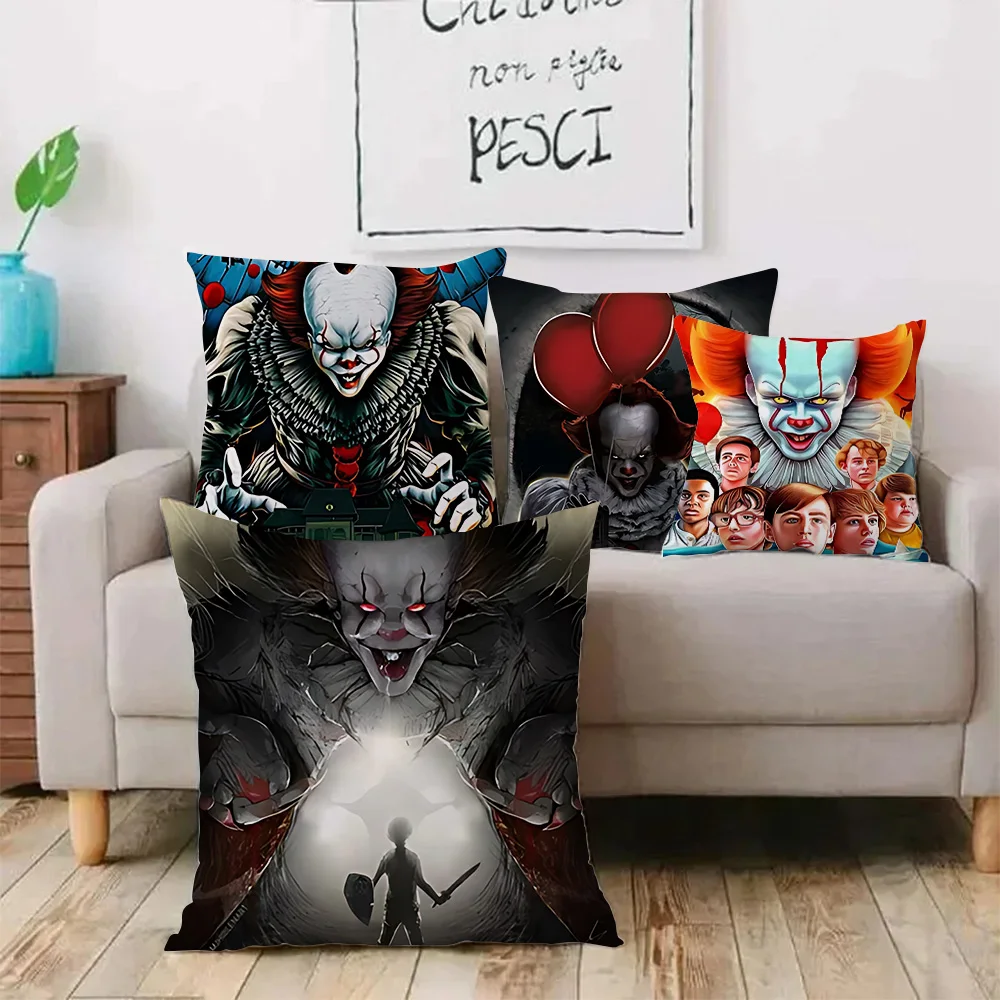 Horror I-It P-Pennywise Clown Classic Pillow Covers Cartoon Sofa Decorative Home Double-sided Printing Short Plush Cushion Cover