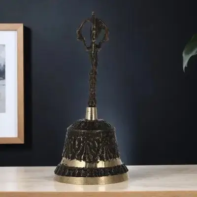 

Black Copper Handbell Metal Handle Decorative Hardwearing Buddhism Bell Tabletop Retro Hand Shaking Bell for Home Decor Festival