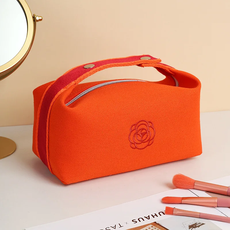 Bolsa de cosméticos feminina de lona, bolsa portátil para maquiagem, bolsa de armazenamento de flores de luxo, organizador de cosméticos, bolsa de higiene pessoal essencial para viagem