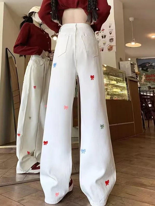 Korean Y2K Jeans Women's Pants High Waist Thin Trendy Bow Print Loose Wide Leg Casual Straight Leg Jeans Niche Versatile Pants