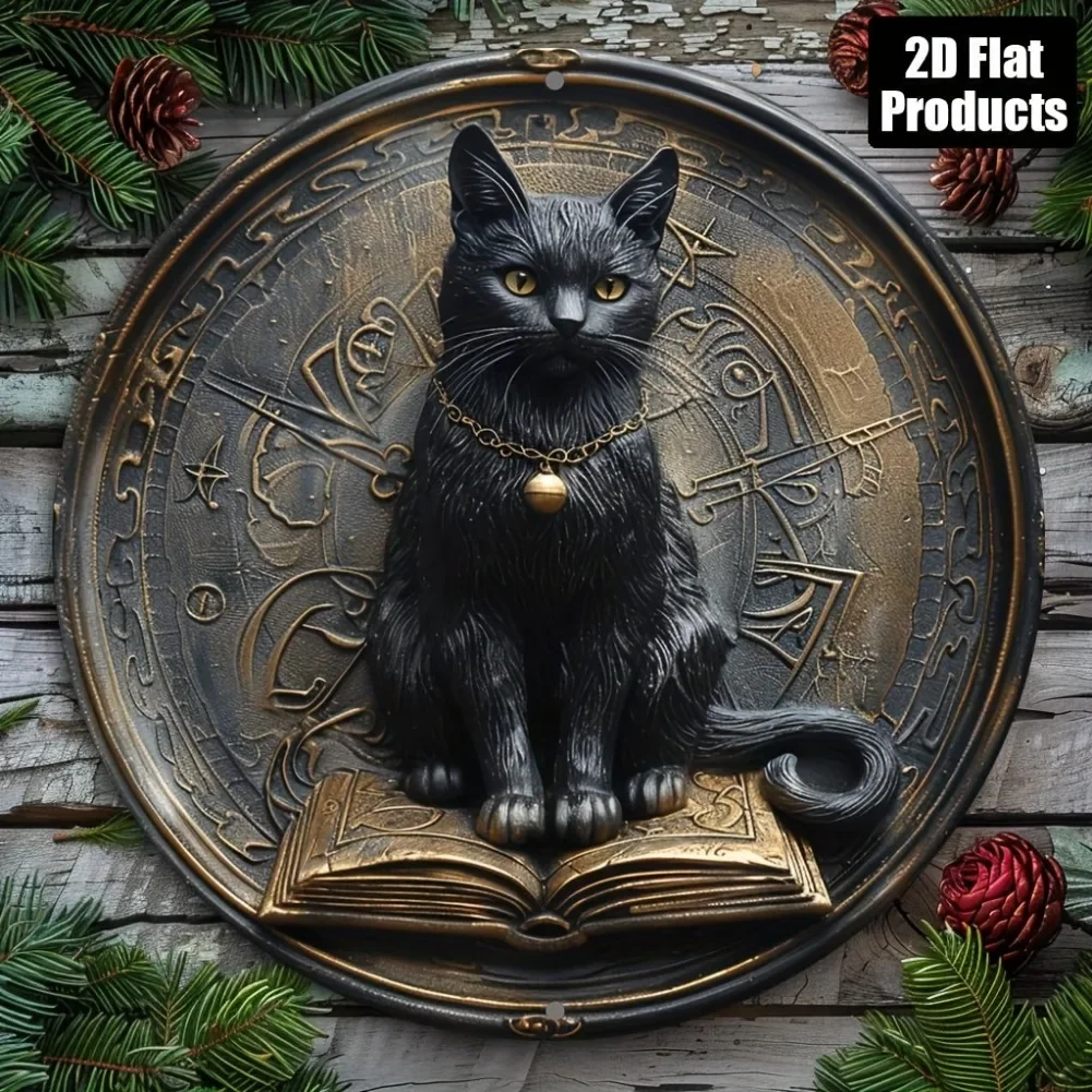 1 Stück 8 x 8 Zoll 2D flache Vintage schwarze Katze und Buch Aluminiumkunst – rundes dekoratives Schild, mystisches Sternzeichen-Design für Bar, Weihnachtsgeschenk