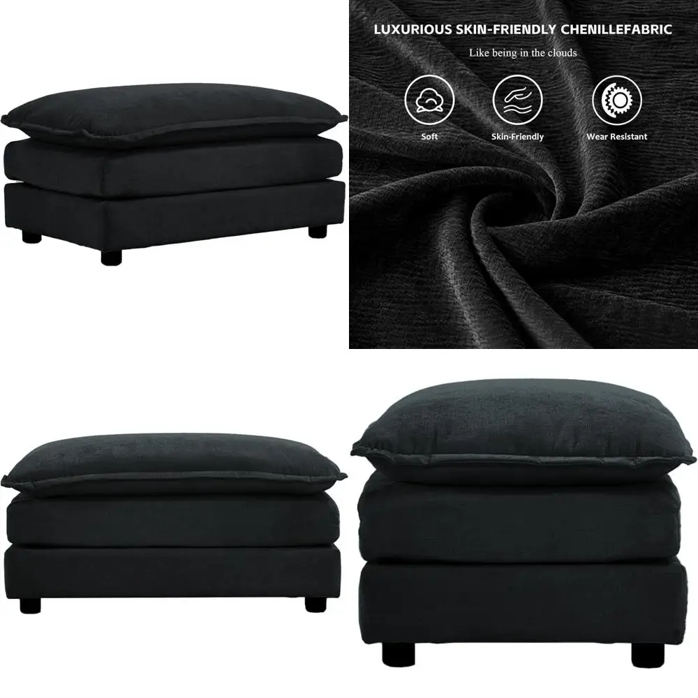 Black Chenille Sectional Sofa with Ottoman, Sleek Modern Design for Comfortable Living Room Seating