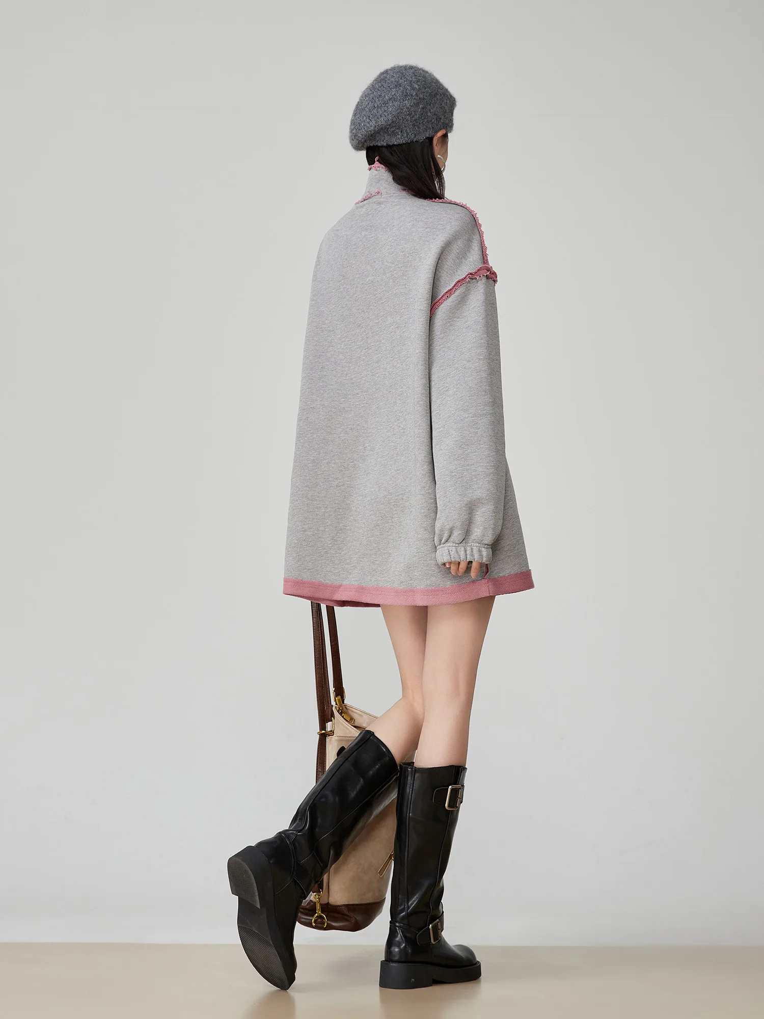 Różowa Luźna Bluza z Kapturem Damska Wiosna 2025 Nowy Design Stójka Postrzępione Wykończenie Wygodna Codzienna Góra