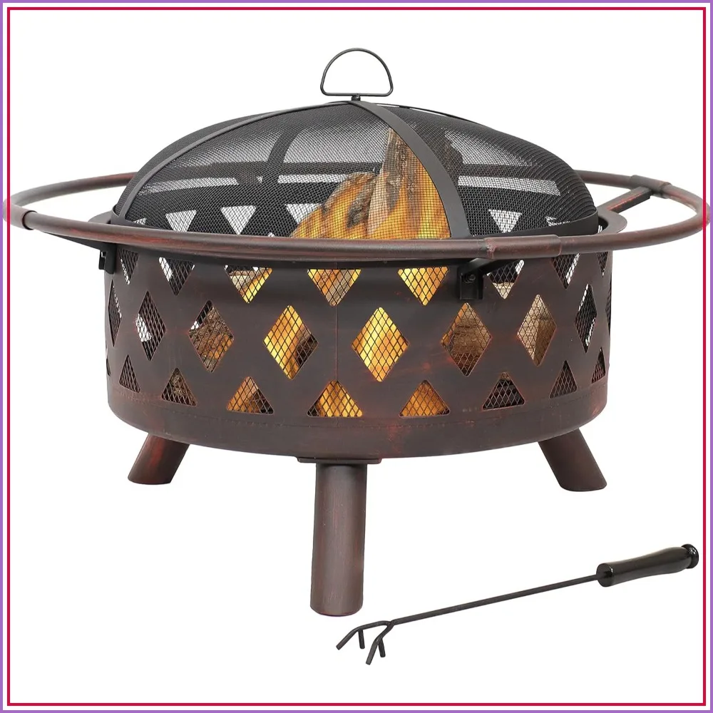 30 Inch Round Outdoor Fire Pit for Wood Burning, Crossweave Steel Patio Firepit with Spark Screen