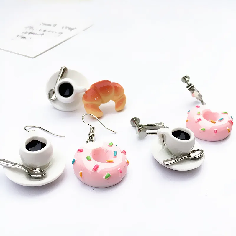 Funny Lovely Afternoon Tea Coffee Bread Donuts Resin Dangle Earrings Asymmtric Cartoon Food Drop Earrings Women Girls Brincos