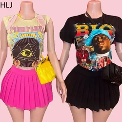 HLJ&GG Fashion Trend Y2K Streetwear Women O Neck Loose Tshirt And Pleated Mini Skirts Two Piece Sets Outfits Sweet 2pcs Suits