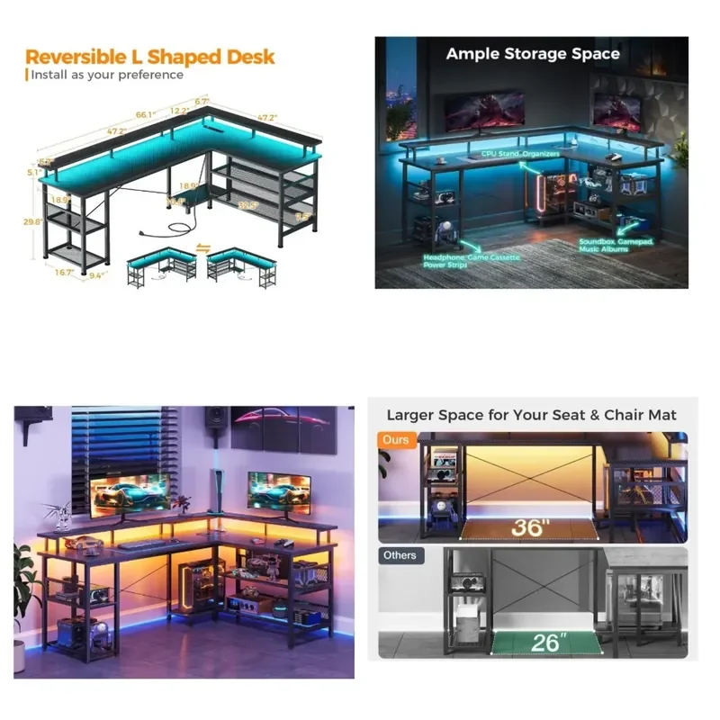 L Shaped Corner Desk with LED Lights Power Socket 3 Fabric Storage Bags Main Frame Computer Workstation for Home Office