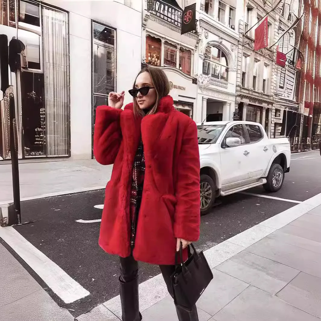 New Colorful Faux Fur Plush Warm Loose Thick Lapel Women's Coat