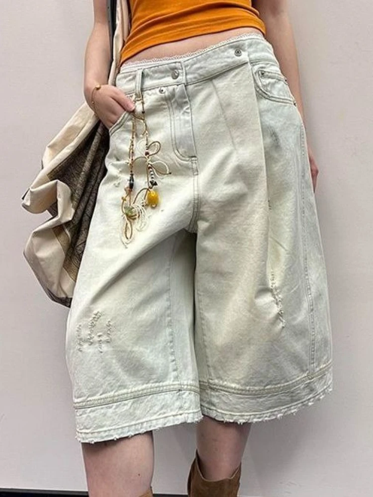 

Deeptown Ripped Women Boyfriend Short Jeans Harajuku Washed Wide Leg High Waist Straight Jorts Baggy Punk American Retro Casual
