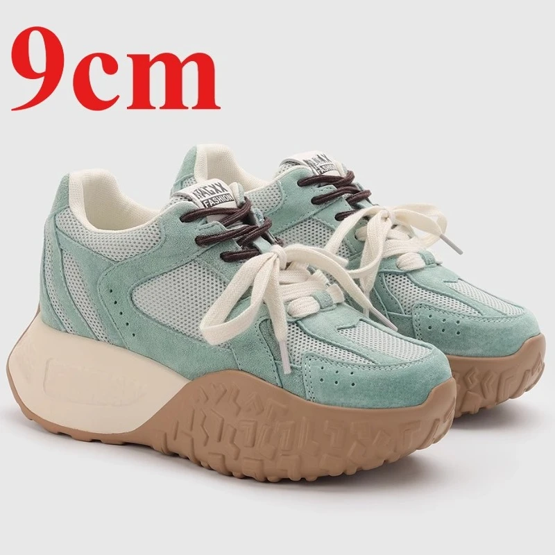 

Обувь, увеличивающая рост, женские повседневные кроссовки профессионального дизайна 9 см, спортивная обувь из натуральной кожи с сеткой, туфли для папы на толстой подошве