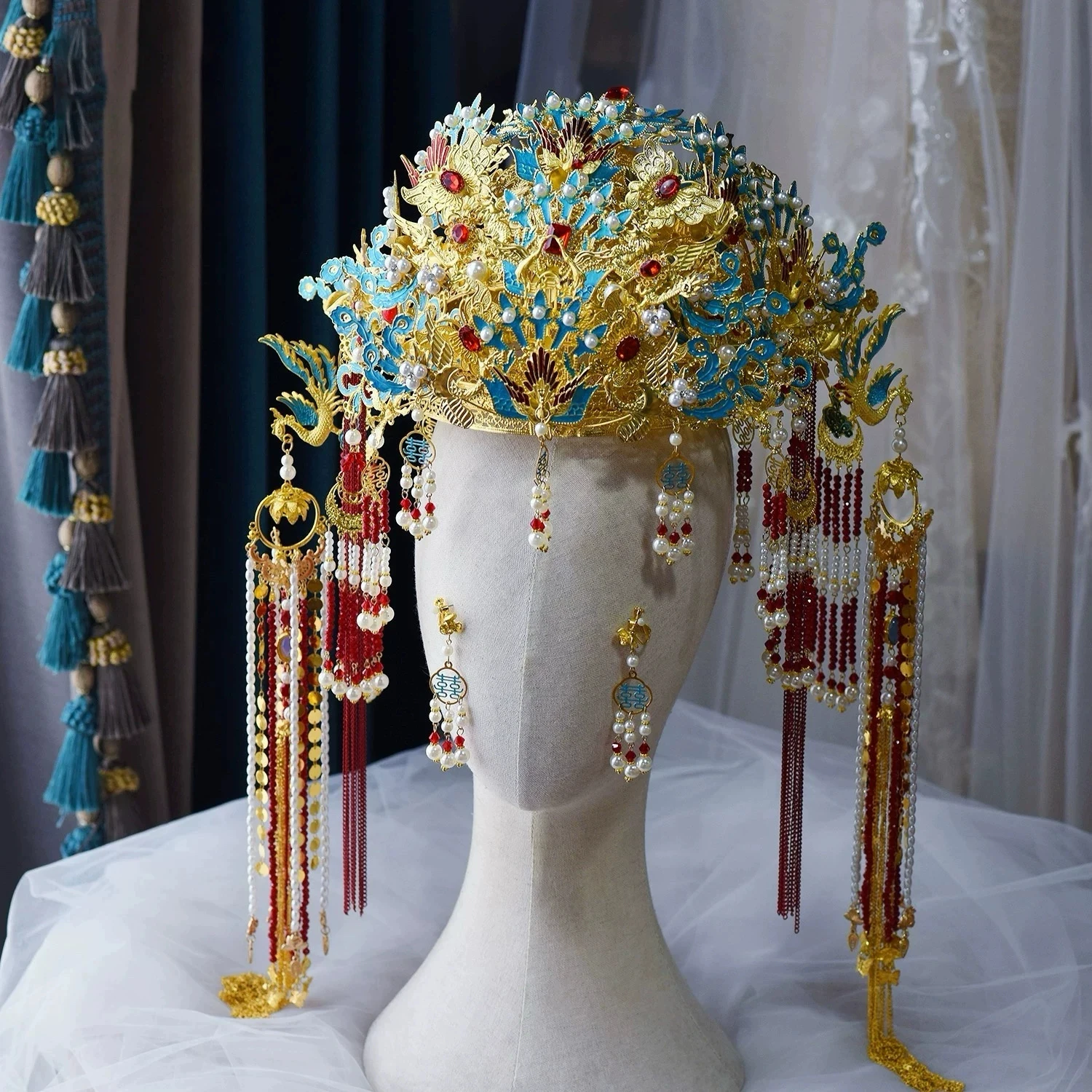 Luxurious Vintage Phoenix Hair Crown Red Wedding Robe Hanfu Golden Blue Chinese Bride Headwear Hair Accessory for Women