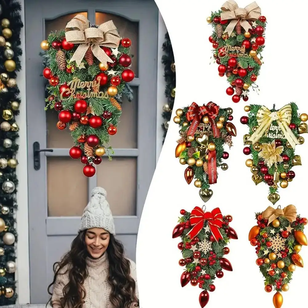 Christmas Wreath Bow Upside Down Tree Garland Artificial Decoration Hanging Window Ornament Xmas Porch Wall Home Door E2L2