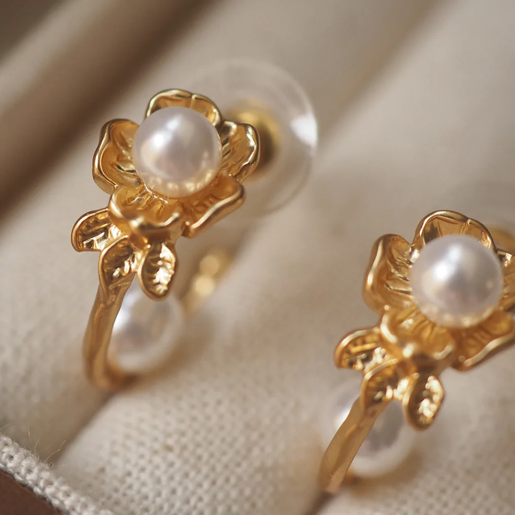 Greek Niche Design Forest-Style Floral Pearl Vintage Stud Earrings - Chic French Flair