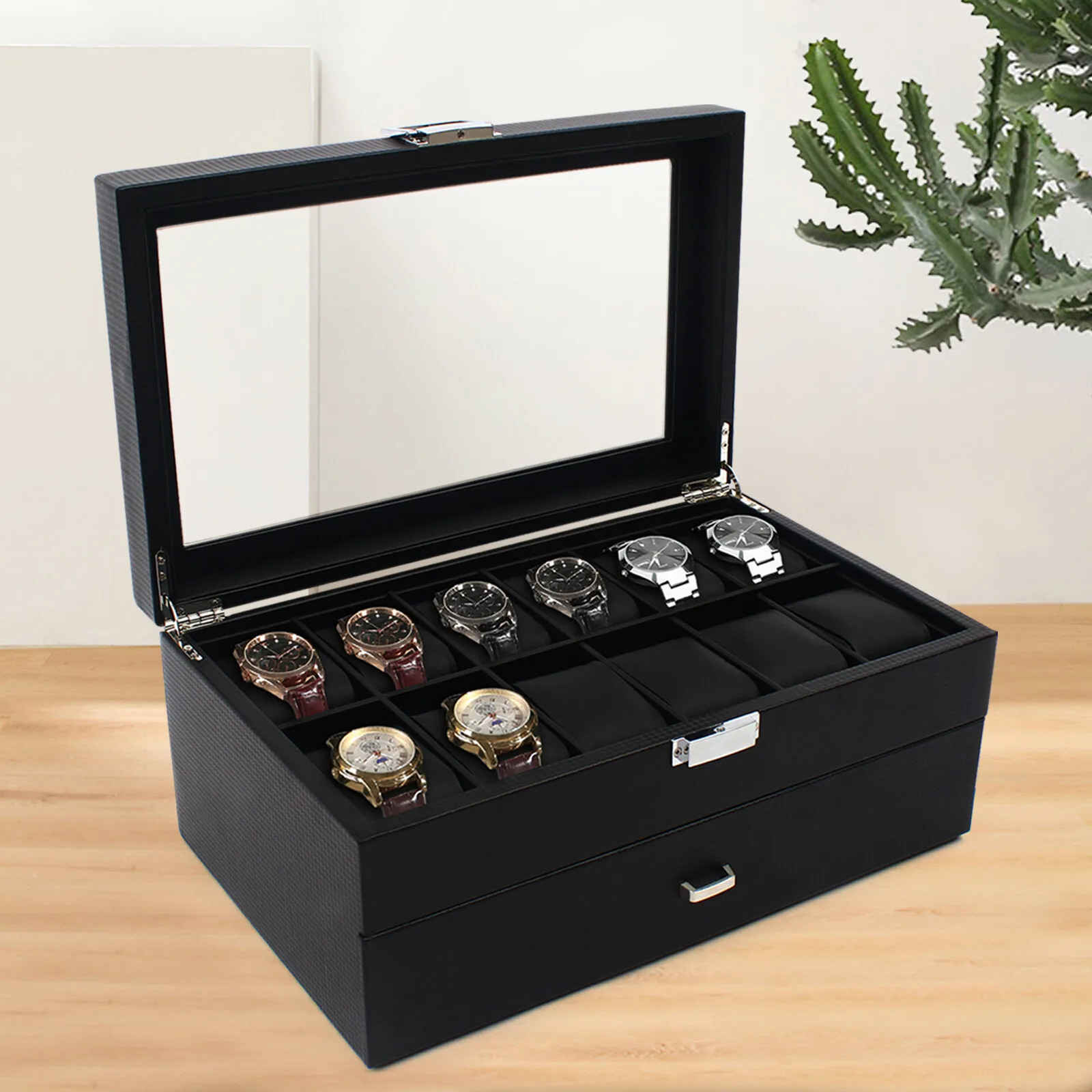 

24 Slots 2-Tier Watch Box Carbon Fiber Texture Wood Watch Case with Glass Top and Drawer Black