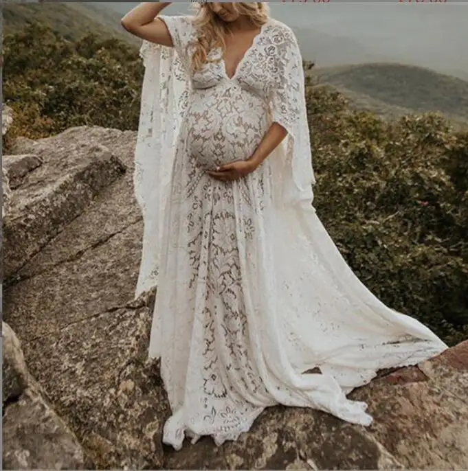 

New Maternity Dresses For Photo Shoot Women Pregnancy Lace Dress Photography Props Sexy Long Sleeve Maternity Puffy White dress