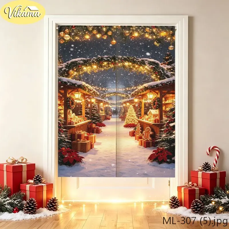 Golden Bell Christmas Pine Branch Half-Door Curtain, Merry Christmas Festive Fabric Privacy Divider Curtain, Home Decor